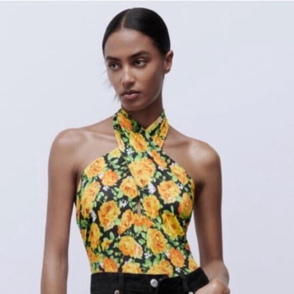 NWT Zara Bodysuit Womens L Yellow Floral Halter Neck Backless Boho Feminine - Picture 3 of 8